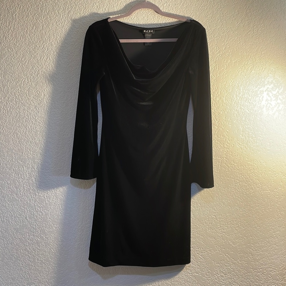 Sleek black midi dress cut from stretch velvet.